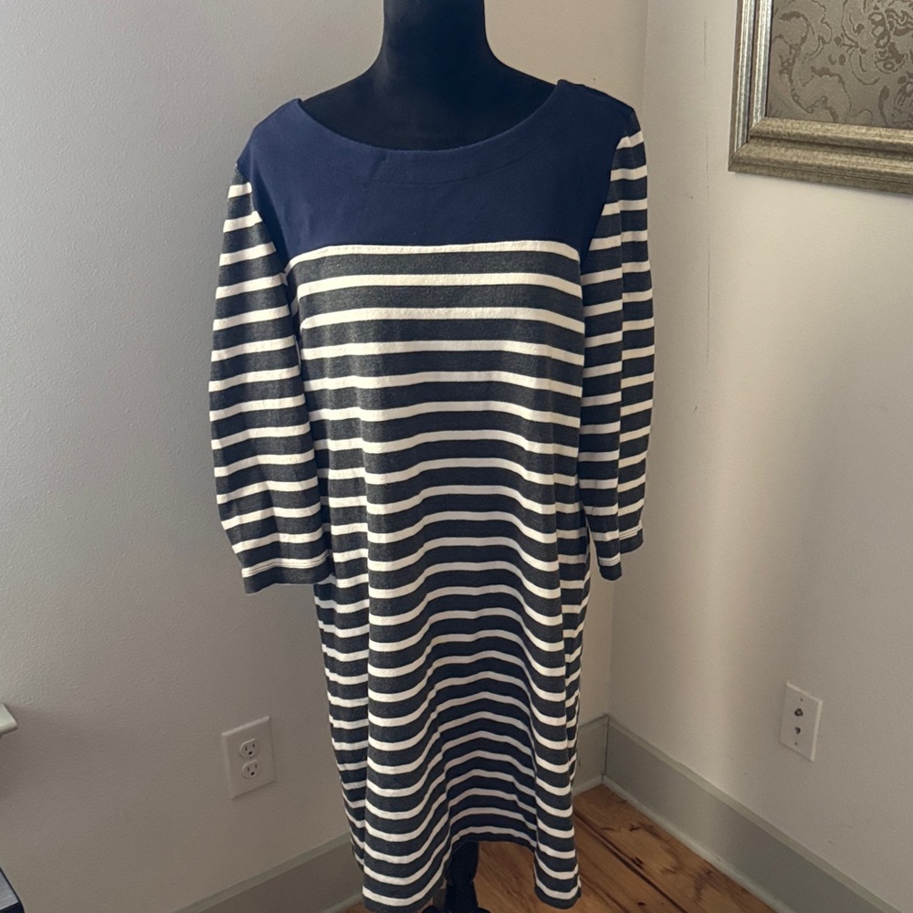 GAP Navy gray ivory striped casual Dress Sz XL cotton 3/4 sleeves - Picture 5 of 12